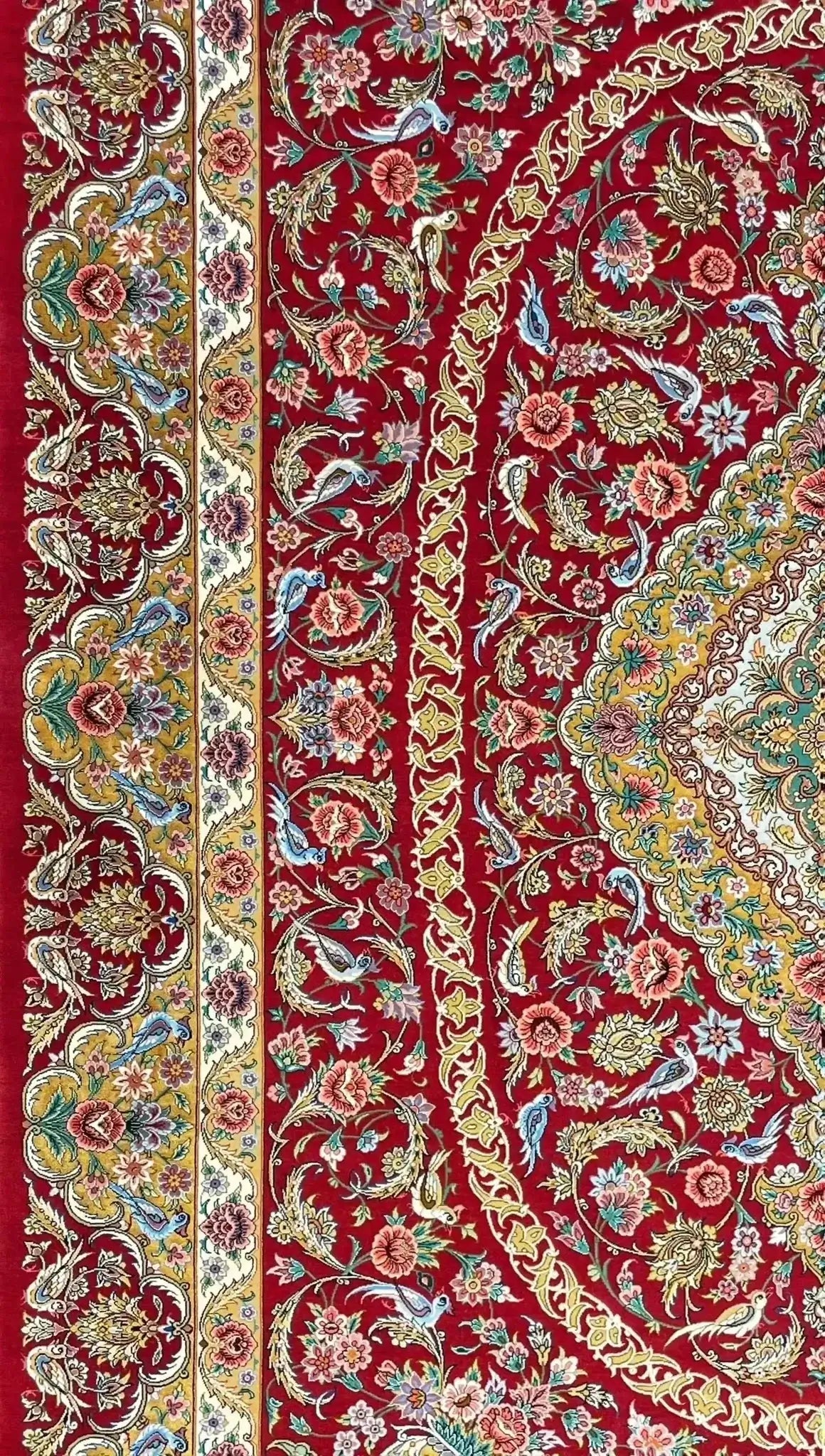 "Red Isfahan Persian rug for sale, handmade in Iran, 240 cm x 160 cm, crafted with 1,000,000 knots per m² for ultimate luxury."